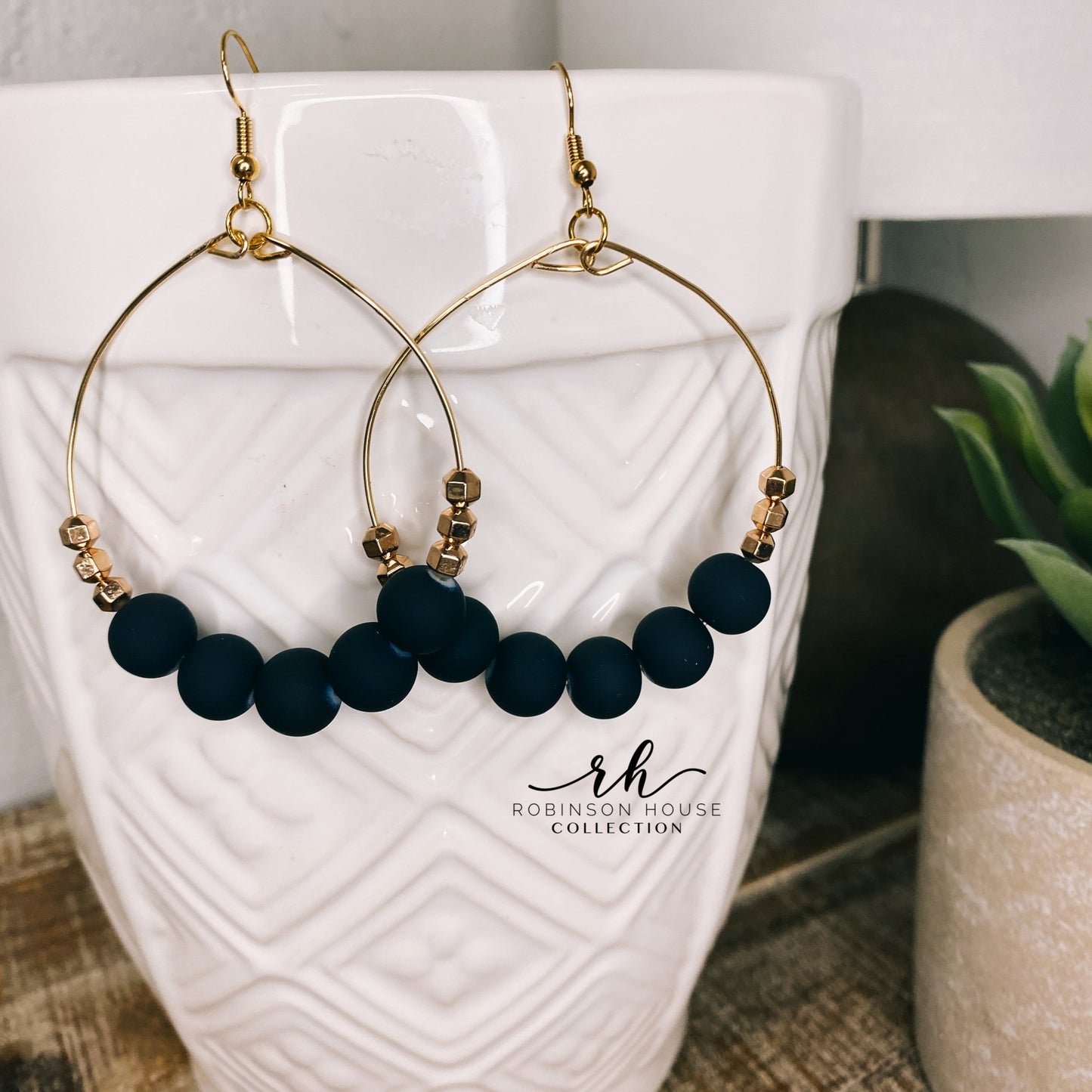 Beaded Hoop Earrings - Navy Blue & Rose Gold