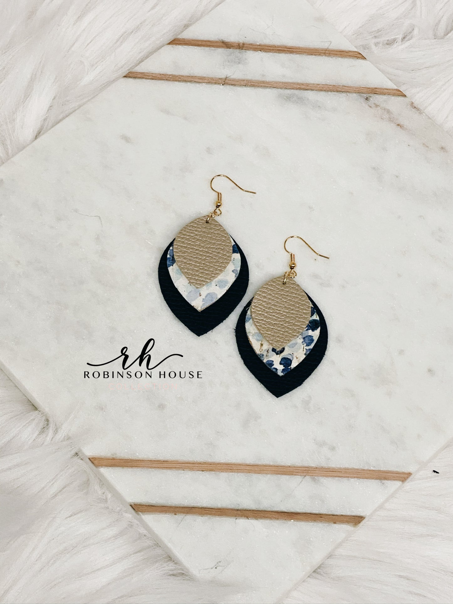 Leather Earrings - Navy Blue, Champagne & Blue Artsy Cork