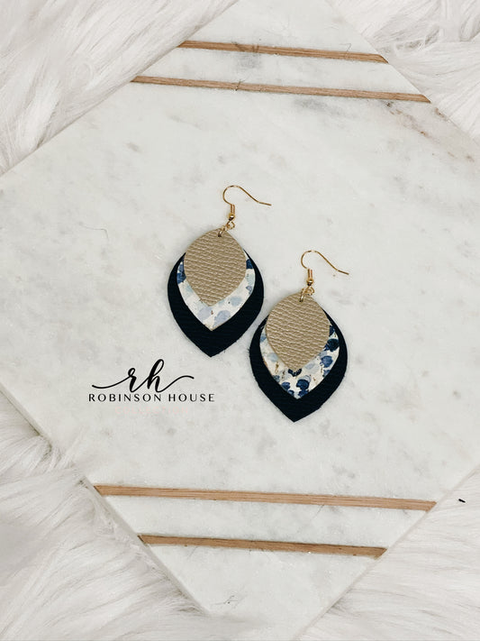 Leather Earrings - Navy Blue, Champagne & Blue Artsy Cork