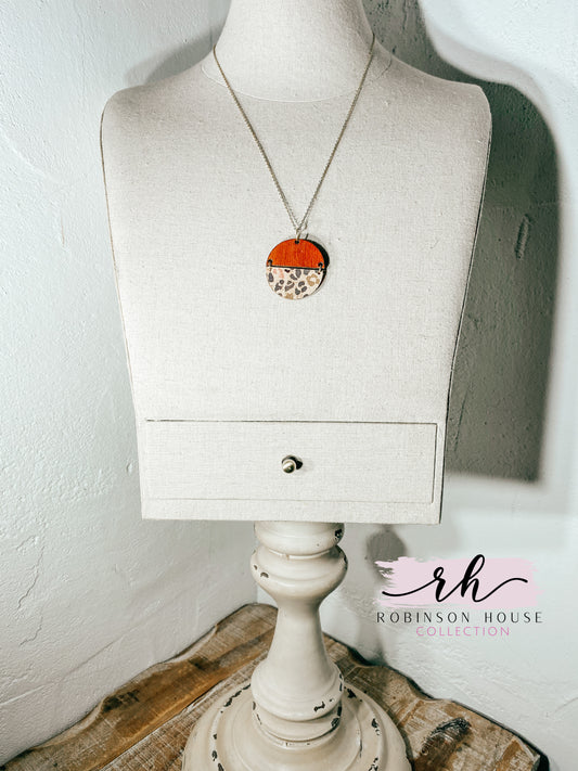 Hinged Disc Wood Necklace - Pink and Gold Leopard Cork