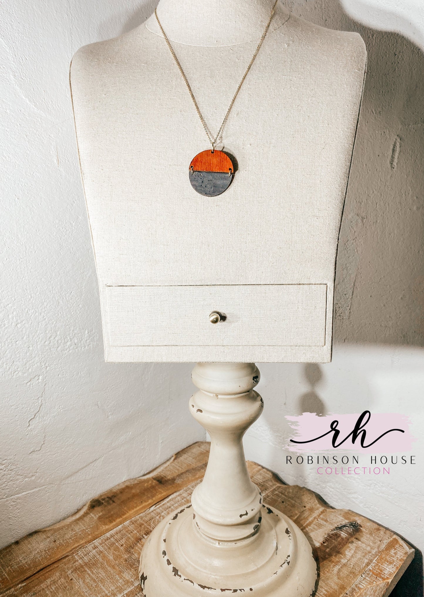Hinged Disc Wood Necklace - Black and Gold Cork