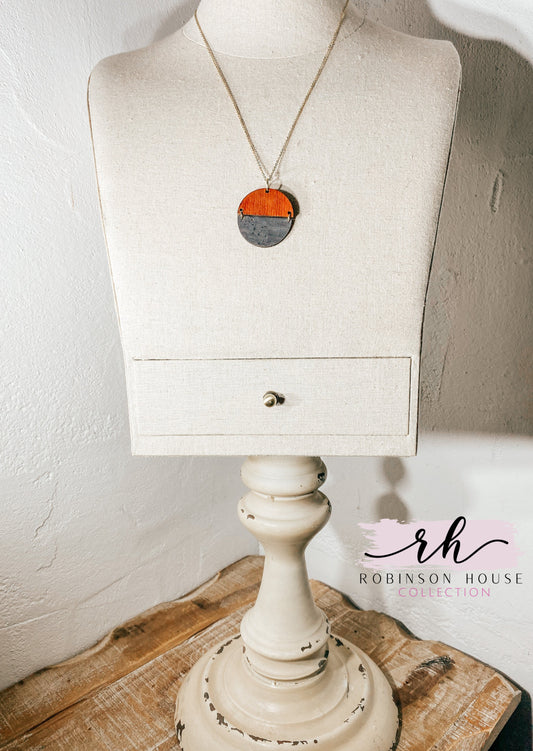 Hinged Disc Wood Necklace - Black and Gold Cork