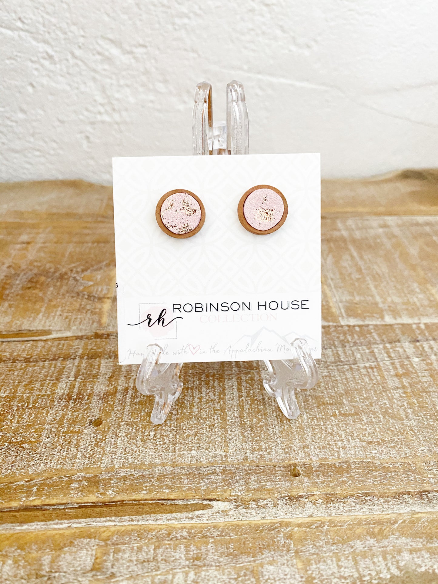 Stud Wood Earrings - Rose Gold Leather
