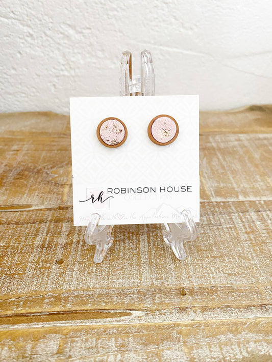 Stud Wood Earrings - Rose Gold Leather