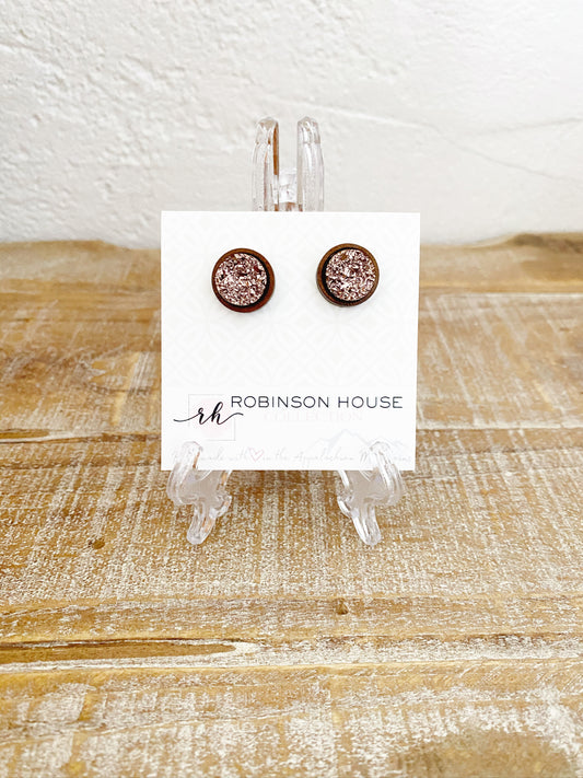 Stud Wood Earrings - Champagne Druzy