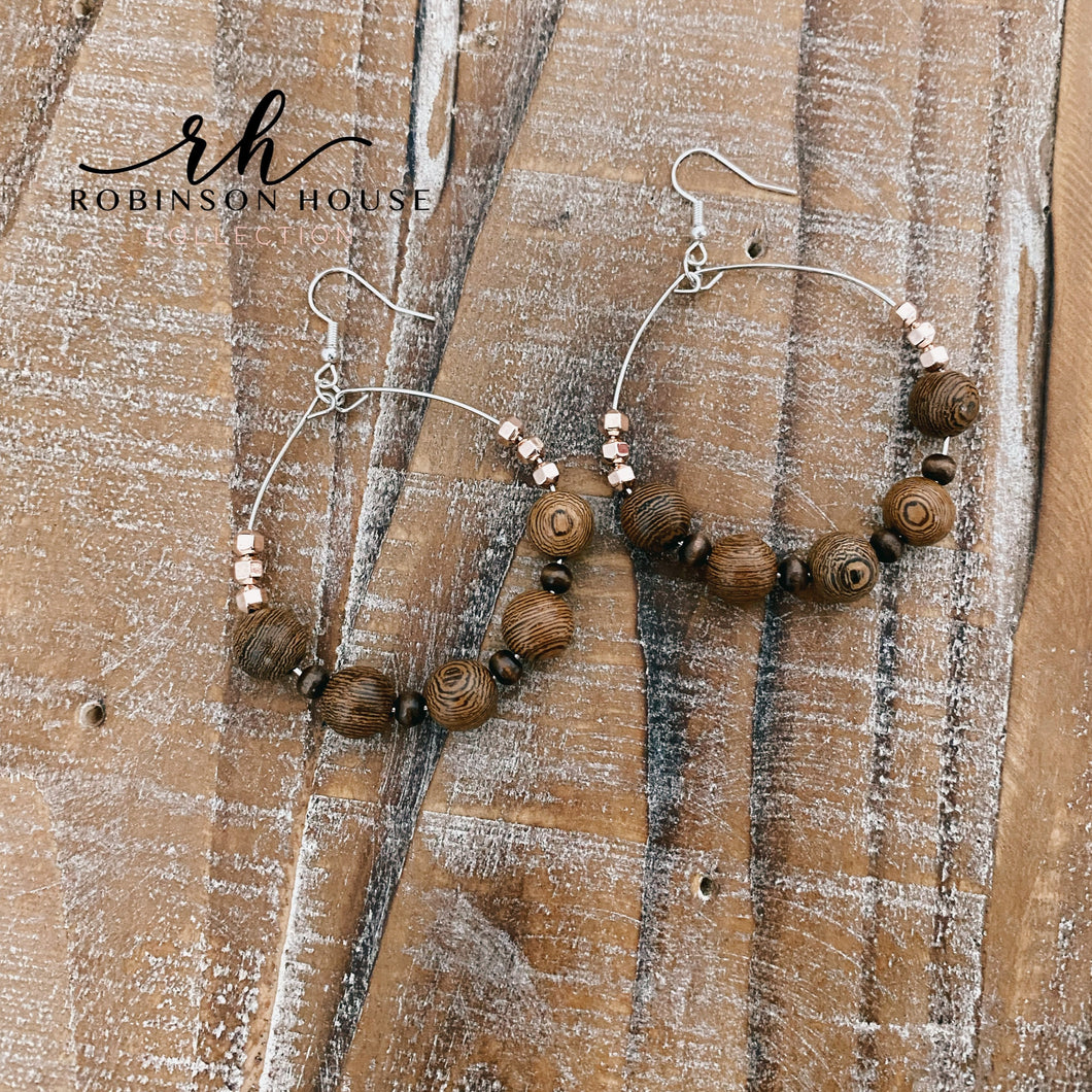Beaded Hoop Earrings - Light Wood & Rose Gold