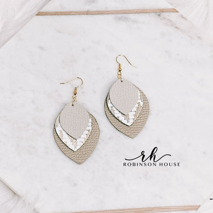Leather Earrings - Champagne, Beige & Gold Chevron