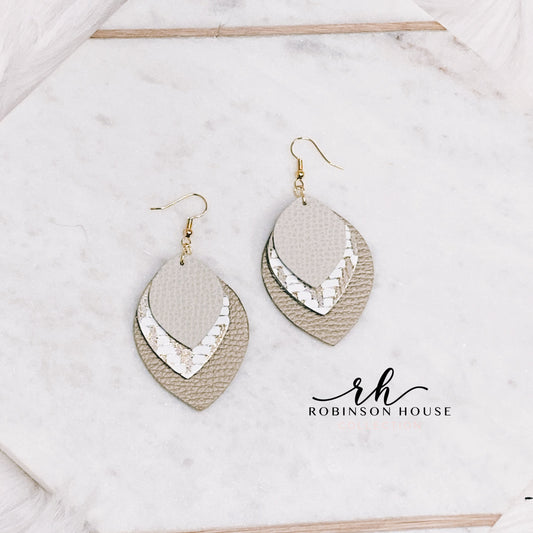 Leather Earrings - Champagne, Beige & Gold Chevron
