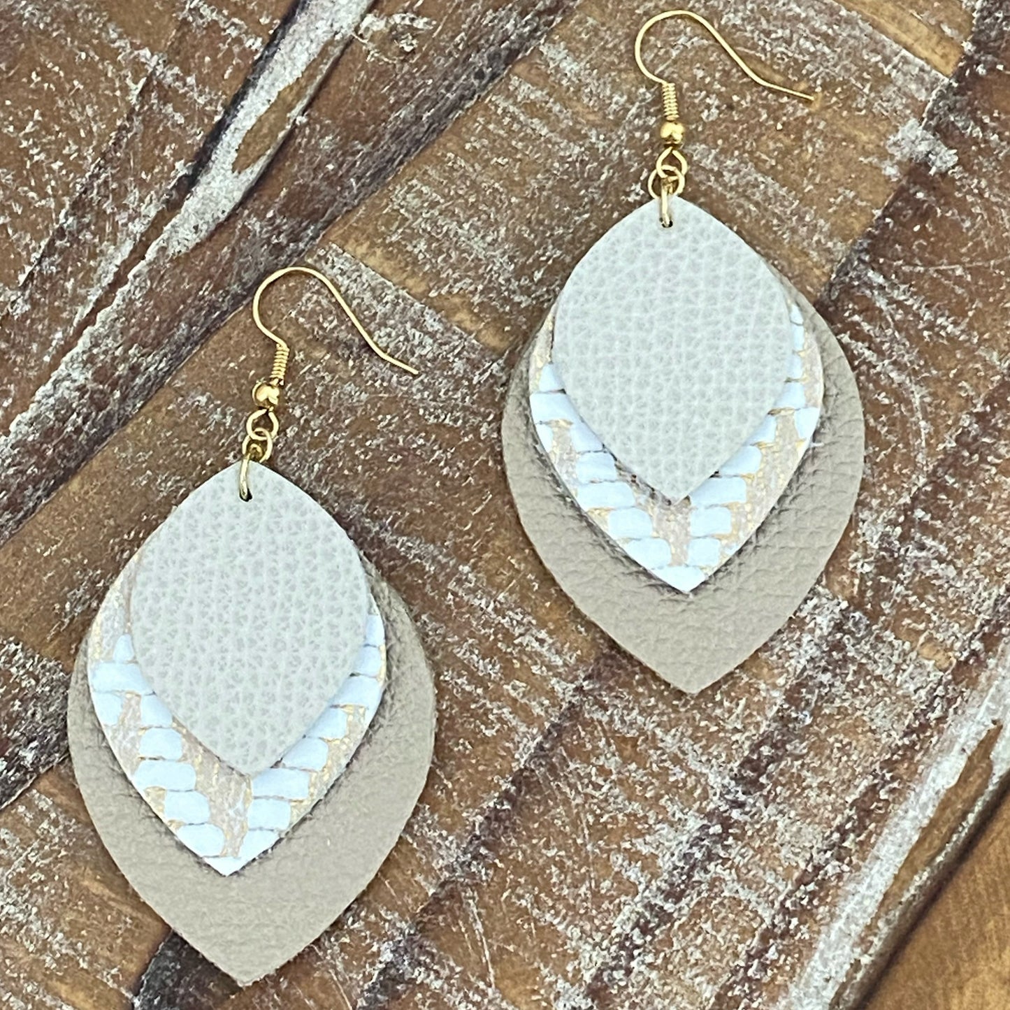 Leather Earrings - Champagne, Beige & Gold Chevron