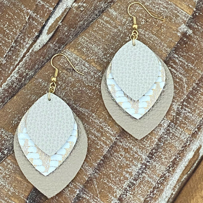 Leather Earrings - Champagne, Beige & Gold Chevron