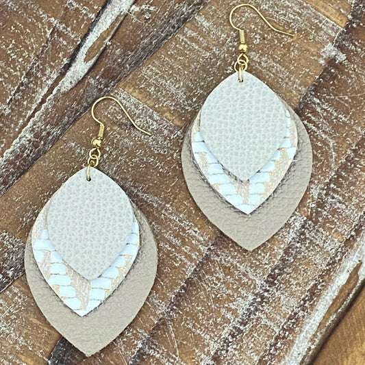 Leather Earrings - Champagne, Beige & Gold Chevron