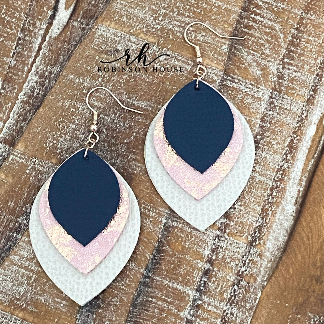 Leather Earrings - Beige, Navy Blue & Rose Gold