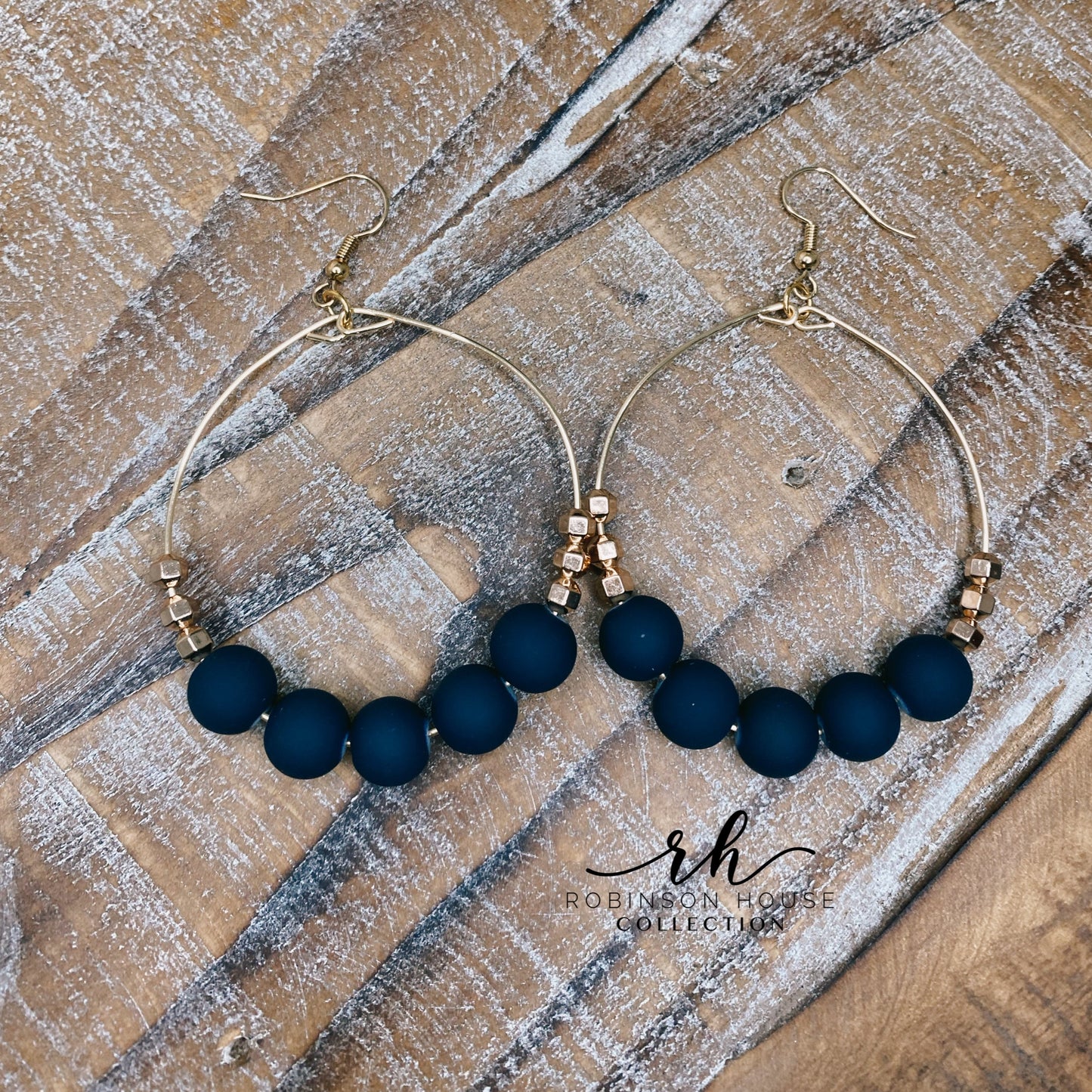 Beaded Hoop Earrings - Navy Blue & Rose Gold