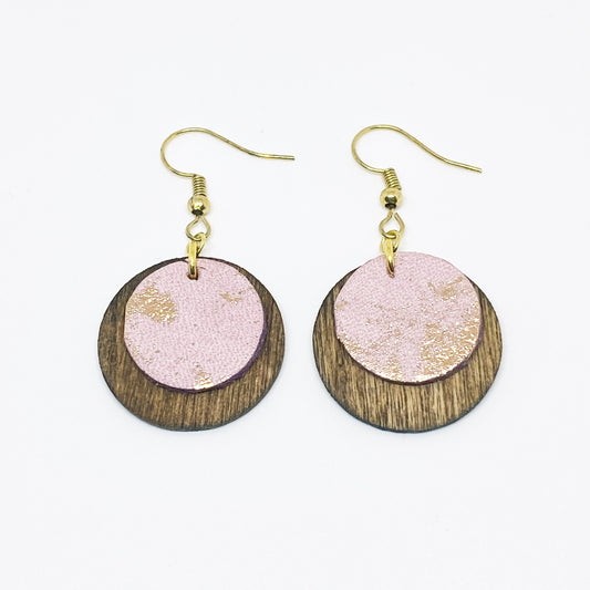 Mini Disc Wood Earrings - Rose Gold Leather