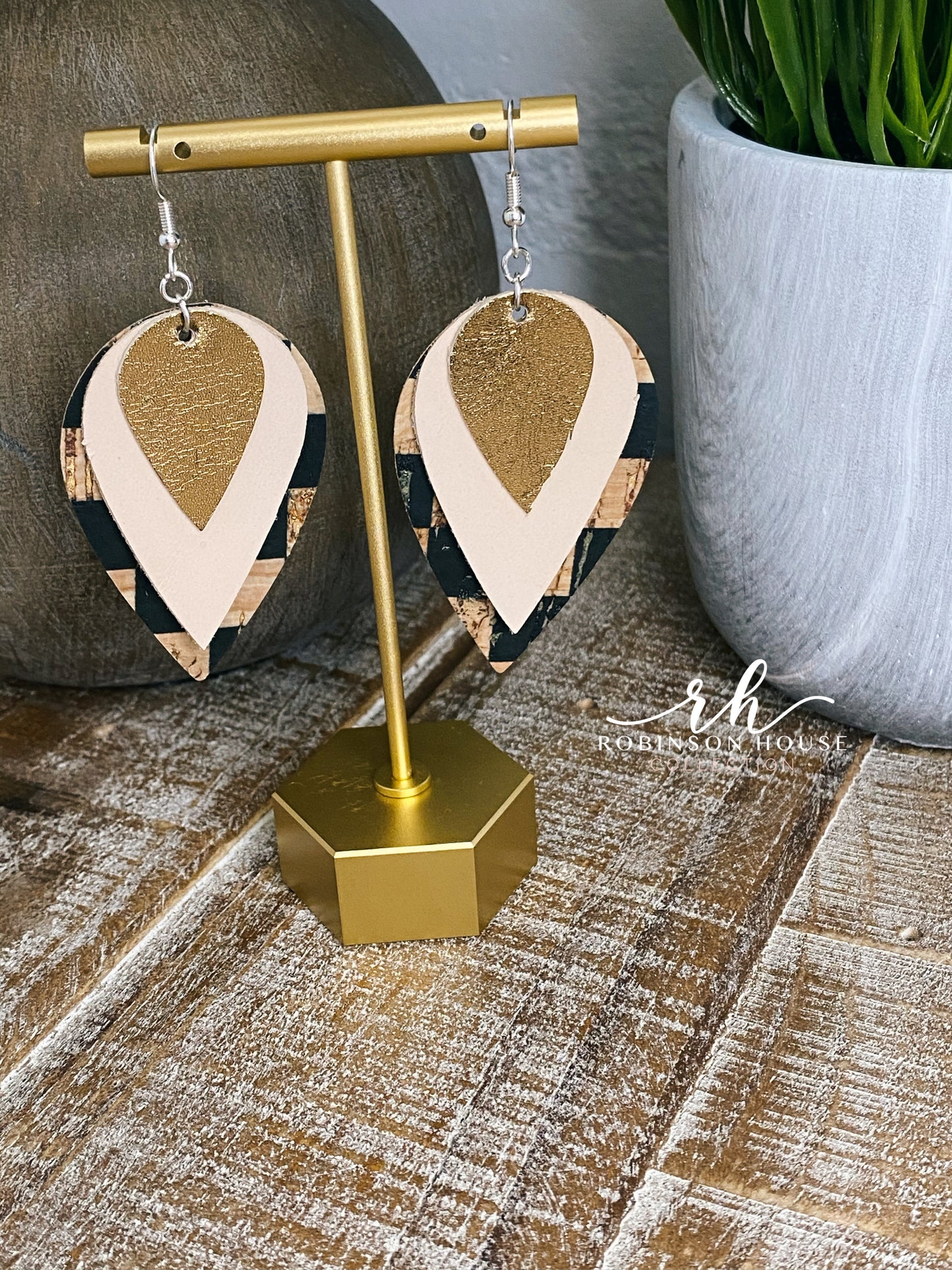 Leather Earrings - Tan, Gold & Checkered Cork