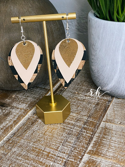 Leather Earrings - Tan, Gold & Checkered Cork