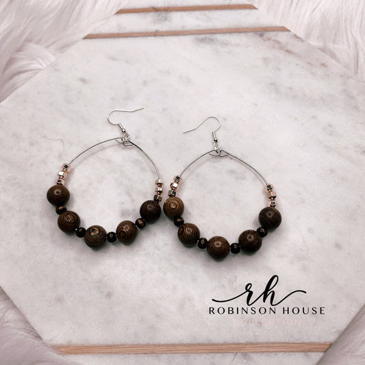 Beaded Hoop Earrings - Light Wood & Rose Gold