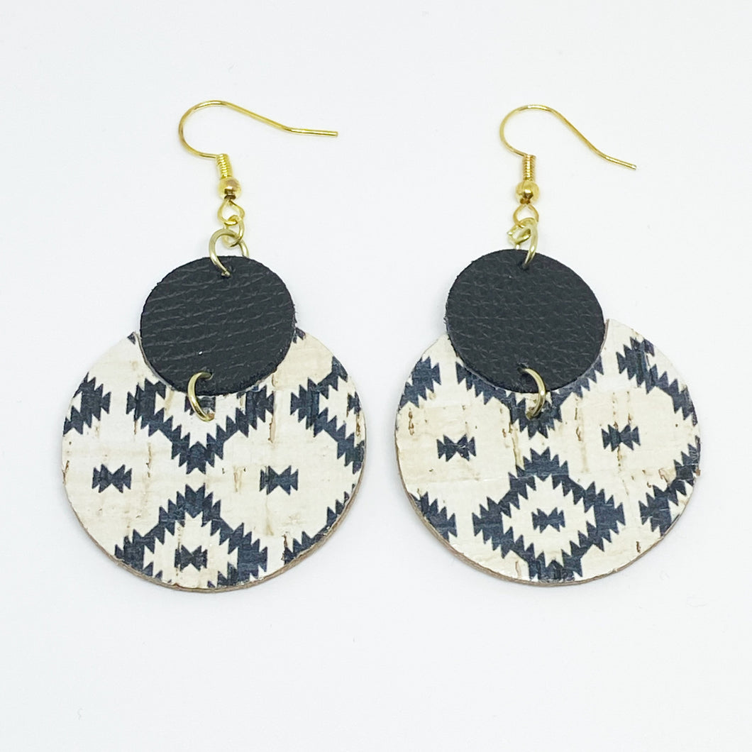 Leather Circle Earrings - Black & White Aztec Cork