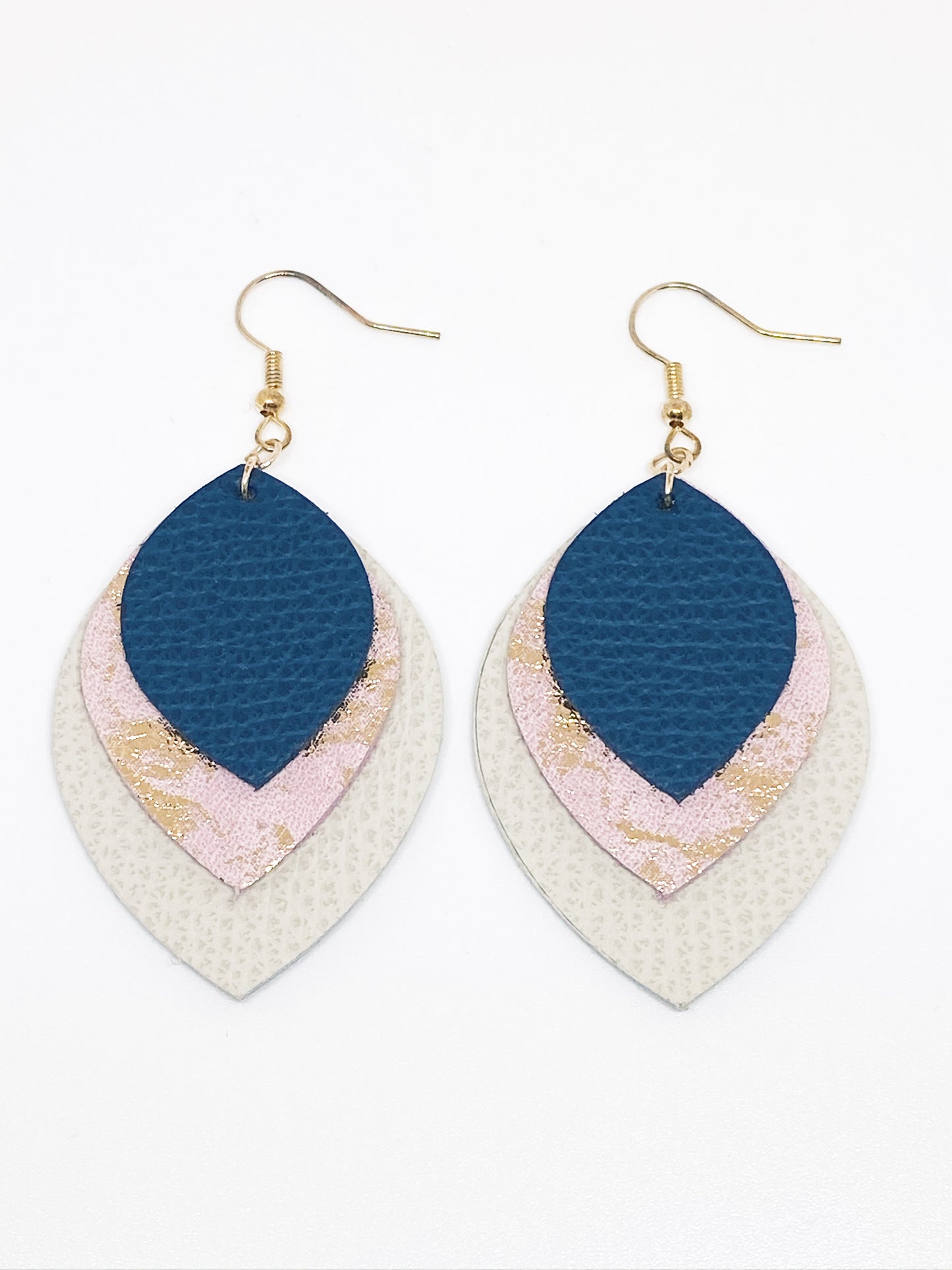 Leather Earrings - Beige, Navy Blue & Rose Gold