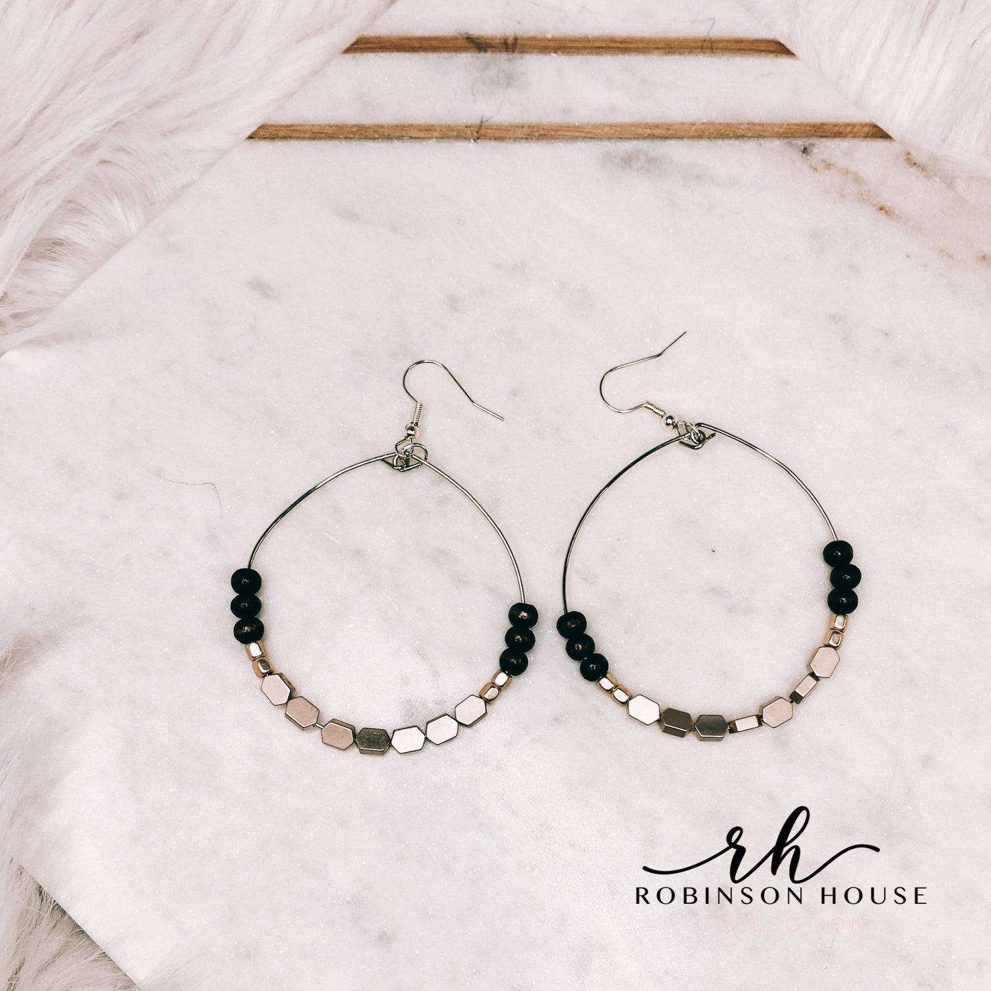 Beaded Hoop Earrings - Rose Gold & Wood