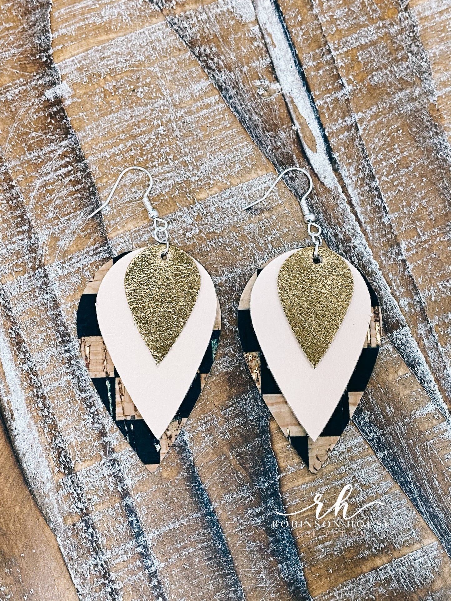 Leather Earrings - Tan, Gold & Checkered Cork