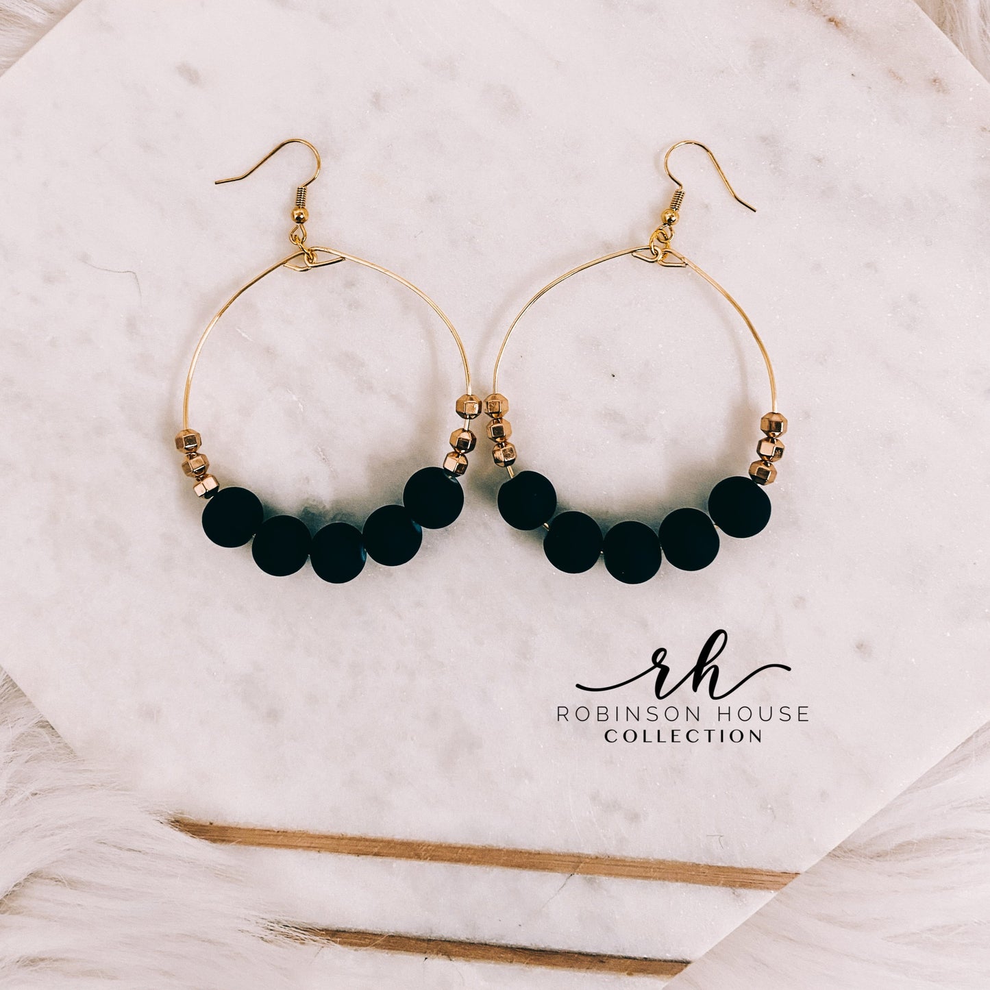 Beaded Hoop Earrings - Navy Blue & Rose Gold