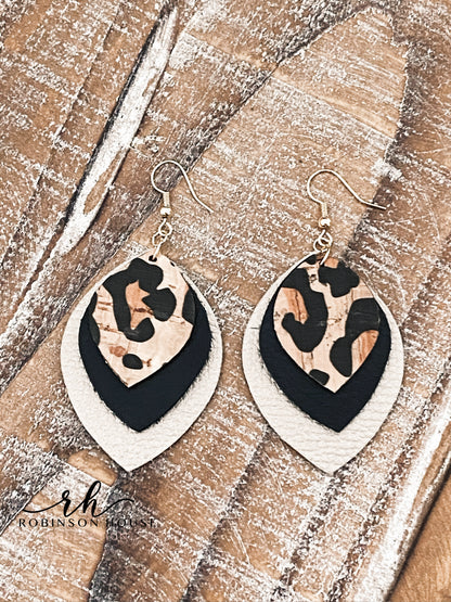 Leather Earrings - Champagne, Black & Leopard Cork