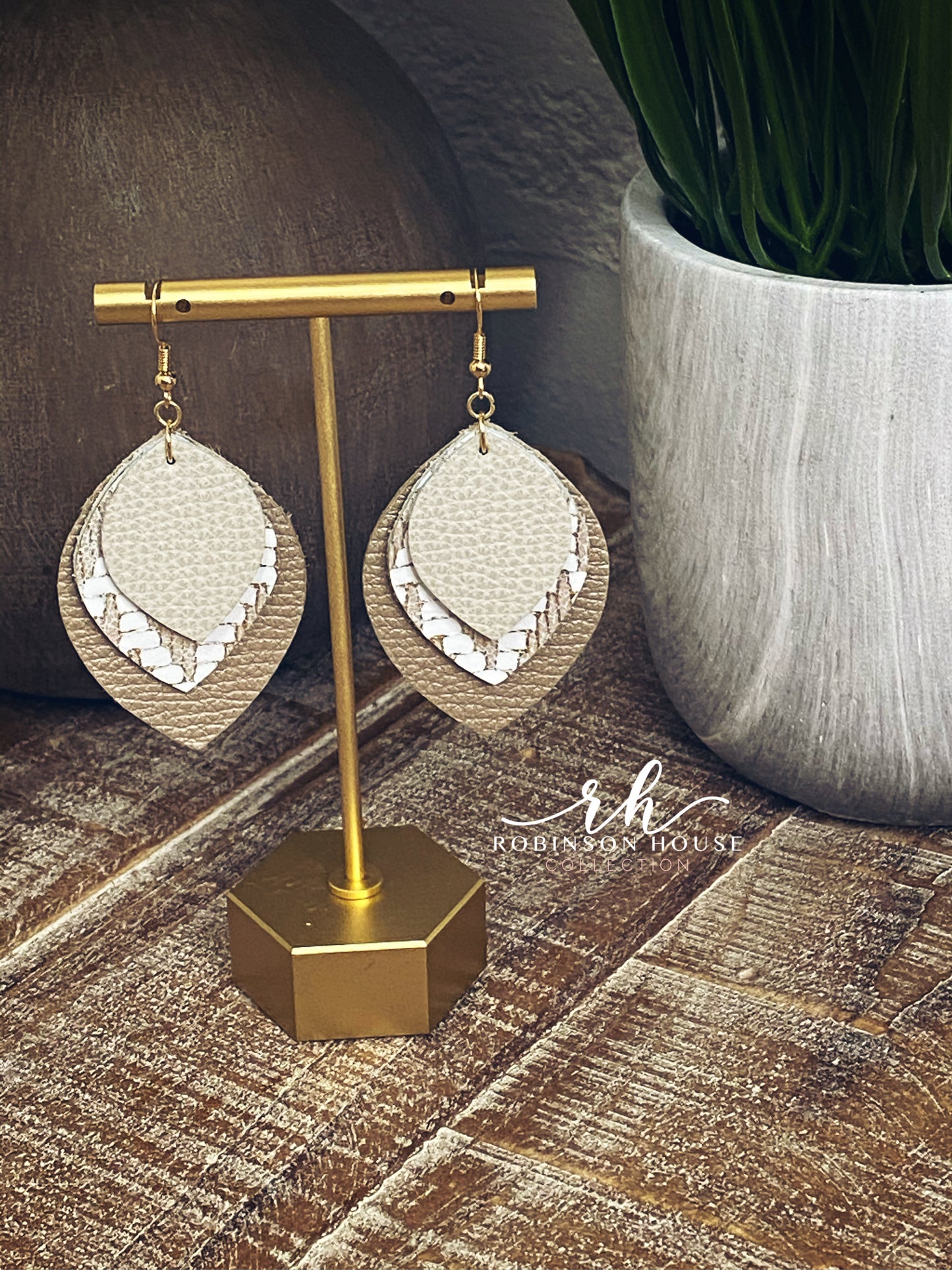 Leather Earrings - Champagne, Beige & Gold Chevron