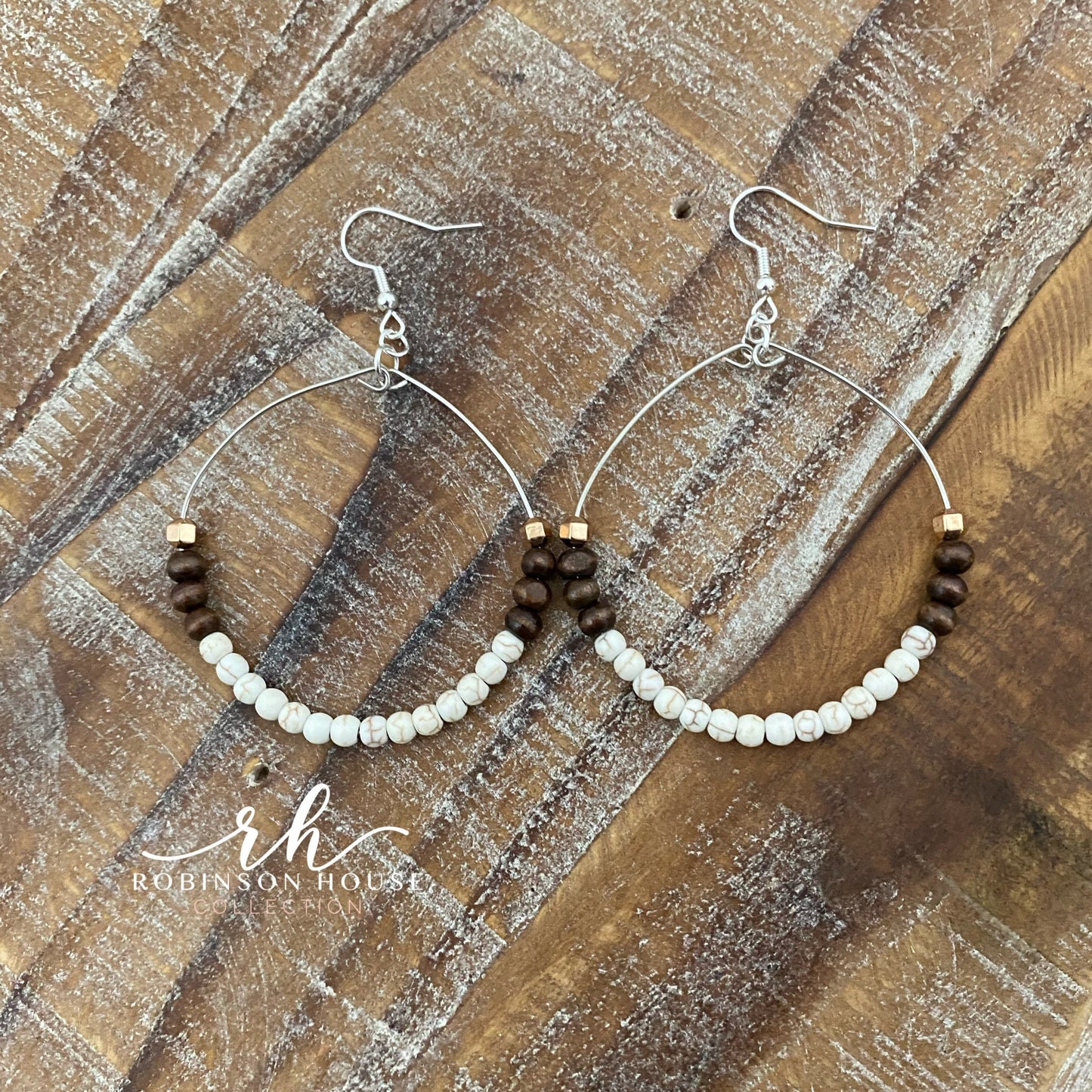 Beaded Hoop Earrings - White, Rose Gold & Wood