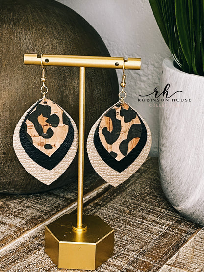 Leather Earrings - Champagne, Black & Leopard Cork