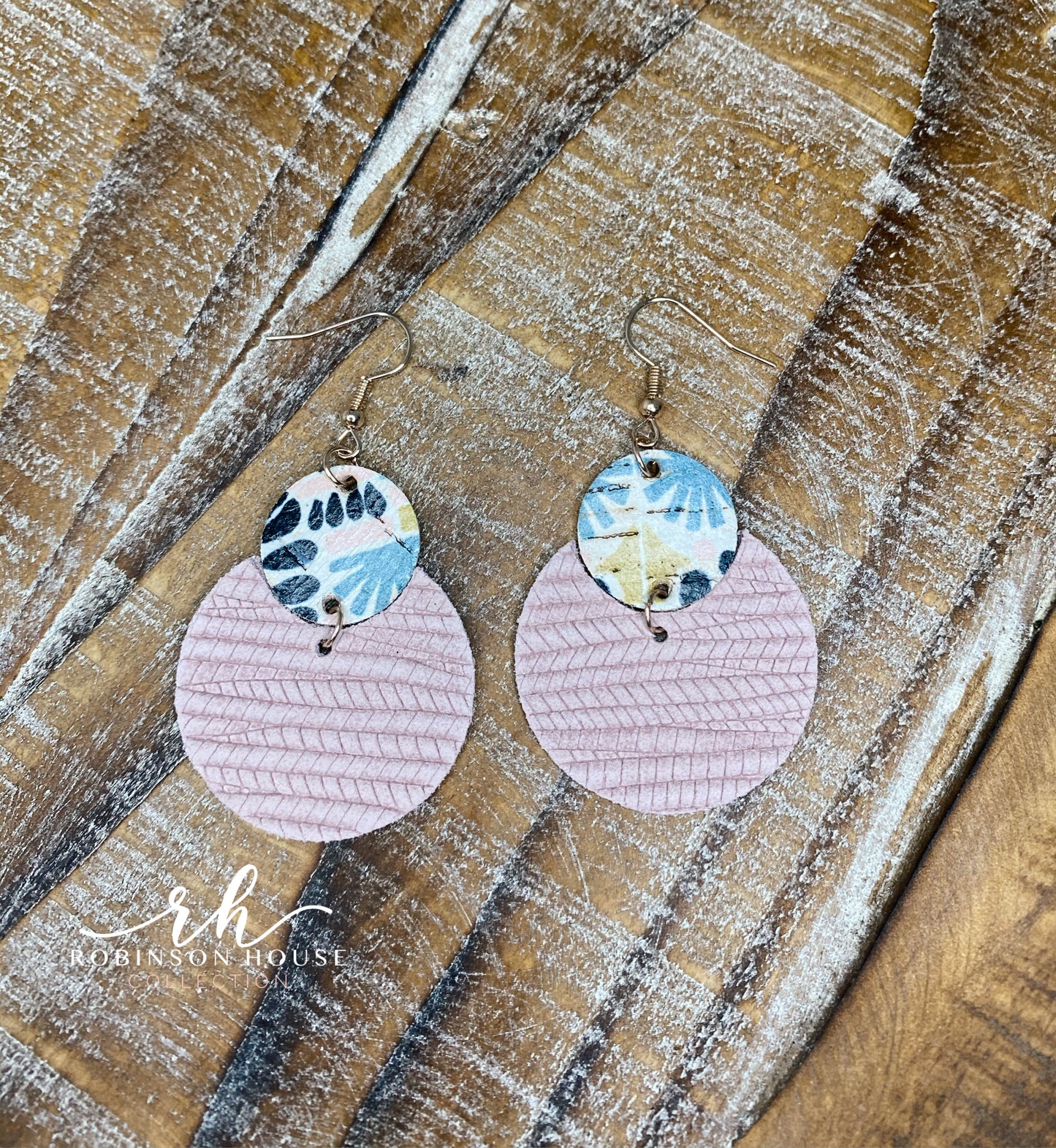 Leather Circle Earrings - Rose Pink and Spanish Pink Aztec Cork