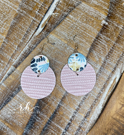 Leather Circle Earrings - Rose Pink and Spanish Pink Aztec Cork