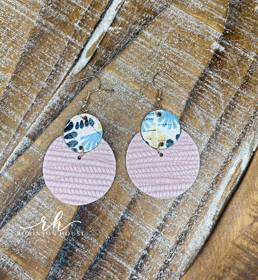 Leather Circle Earrings - Rose Pink and Spanish Pink Aztec Cork