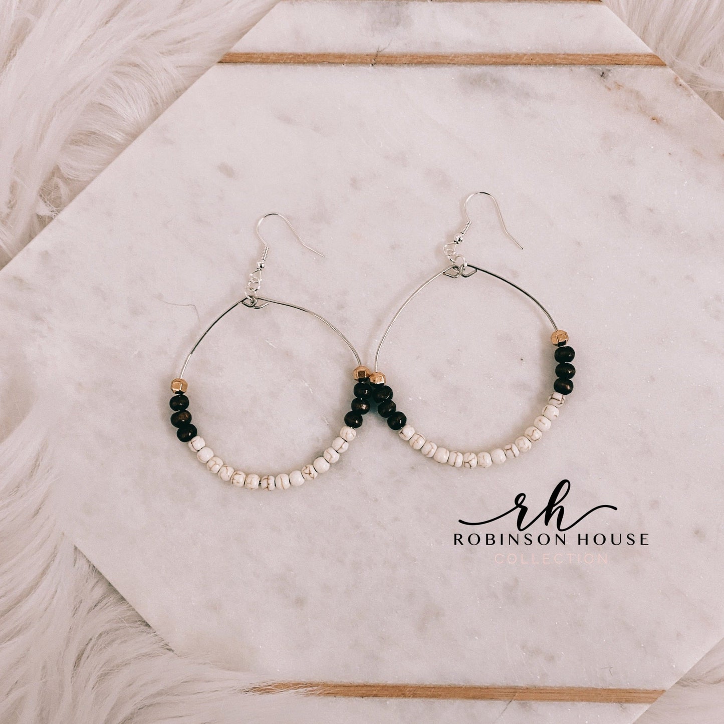 Beaded Hoop Earrings - White, Rose Gold & Wood