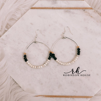 Beaded Hoop Earrings - White, Rose Gold & Wood
