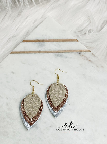 Leather Earrings - Silver, Champagne & Rose Gold Glitter