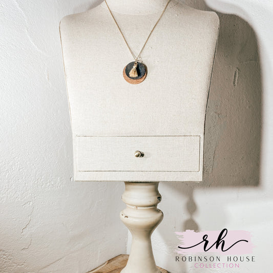 Disc Wood Necklace - Black and Gold  Cork