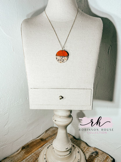 Hinged Disc Wood Necklace - Pink and Gold Leopard Cork