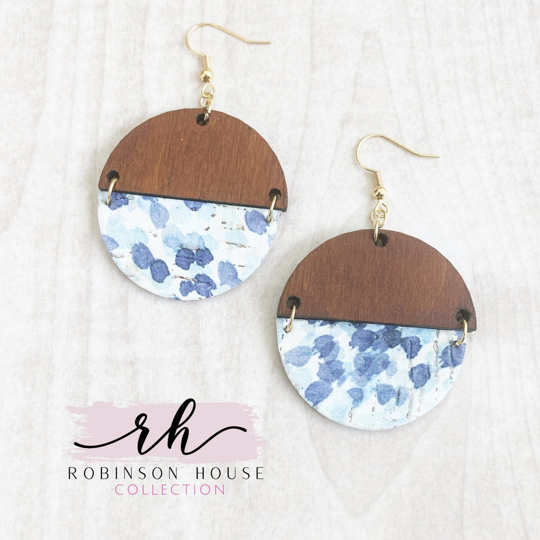 Hinged Disc Wood Earrings - Blue Artsy Cork
