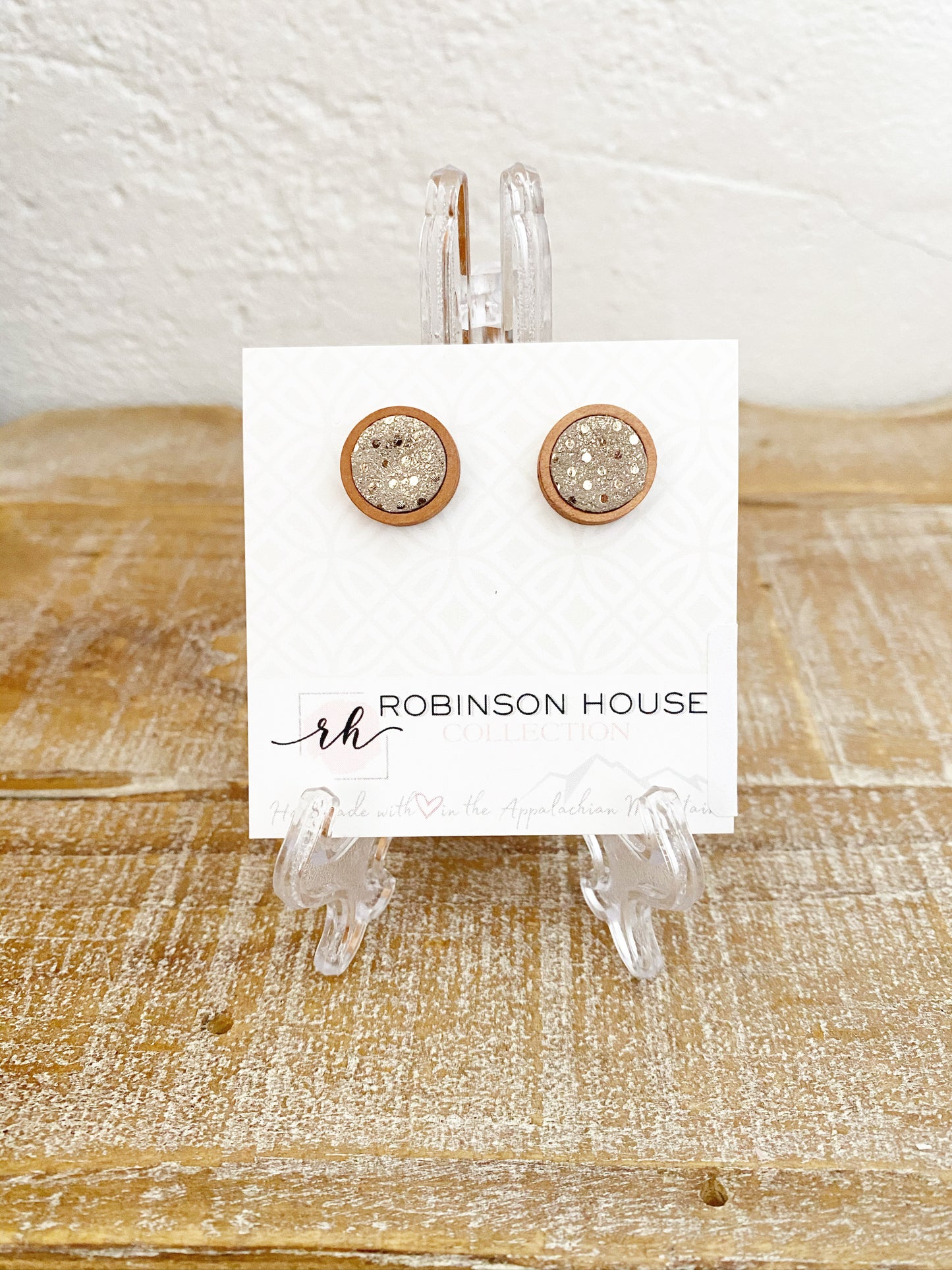 Stud Wood Earrings - Taupe and Gold Leather