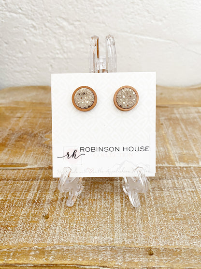 Stud Wood Earrings - Taupe and Gold Leather