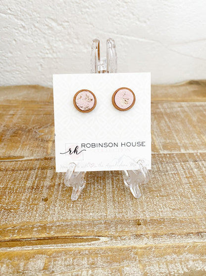 Stud Wood Earrings - Rose Gold Leather