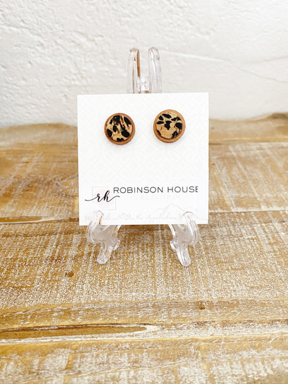 Stud Wood Earrings - Cheetah Cork