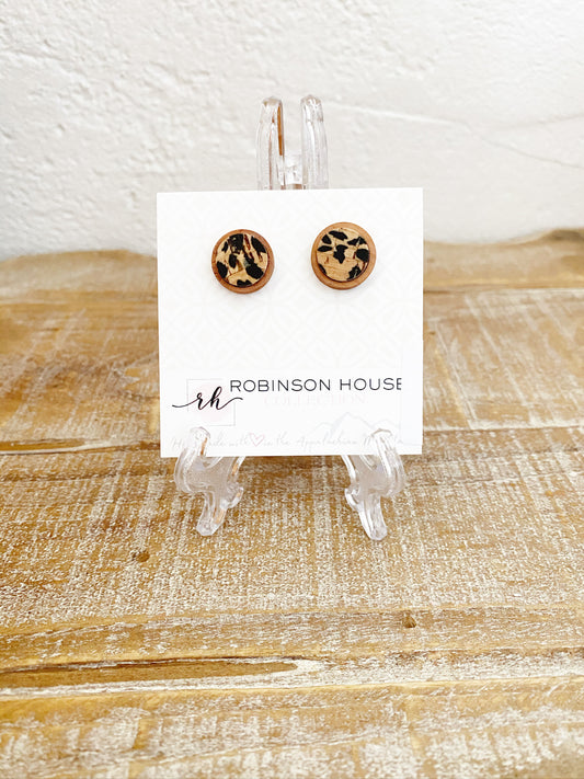 Stud Wood Earrings - Cheetah Cork