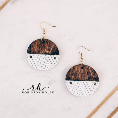Hinged Disc Wood Earring - White Chevron Genuine Leather