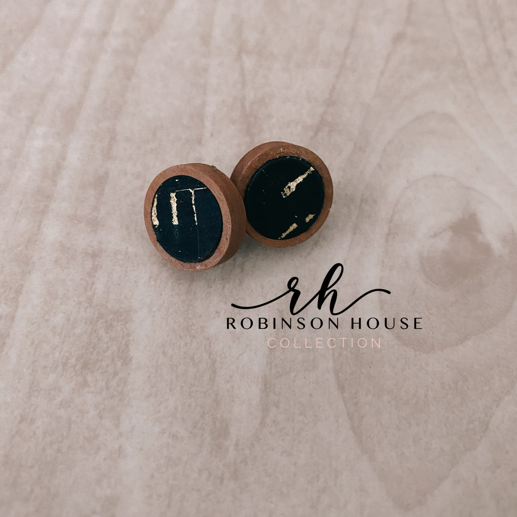 Stud Wood Earrings - Black & Gold Cork