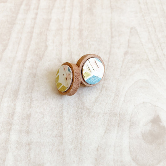 Stud Wood Earrings - Pink Spanish Aztec Cork