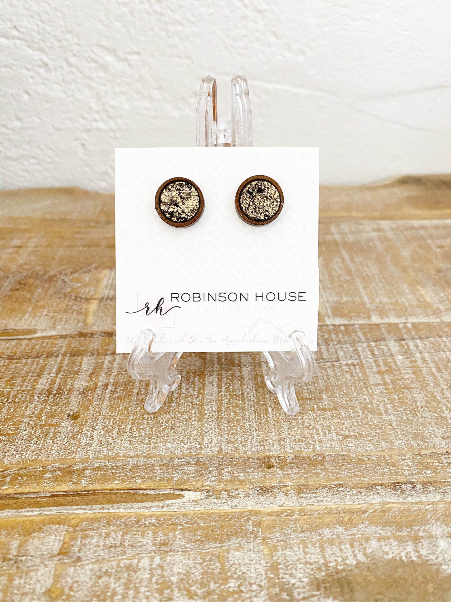 Stud Wood Earrings - Black and Gold Leather