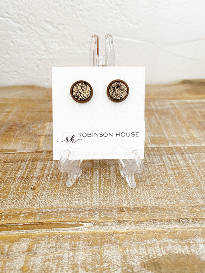 Stud Wood Earrings - Black and Gold Leather