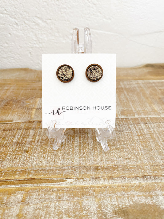 Stud Wood Earrings - Black and Gold Leather